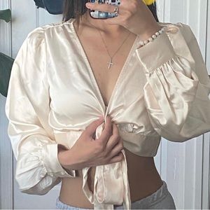 Off White Cropped Tied Sheer Long Sleeve Top